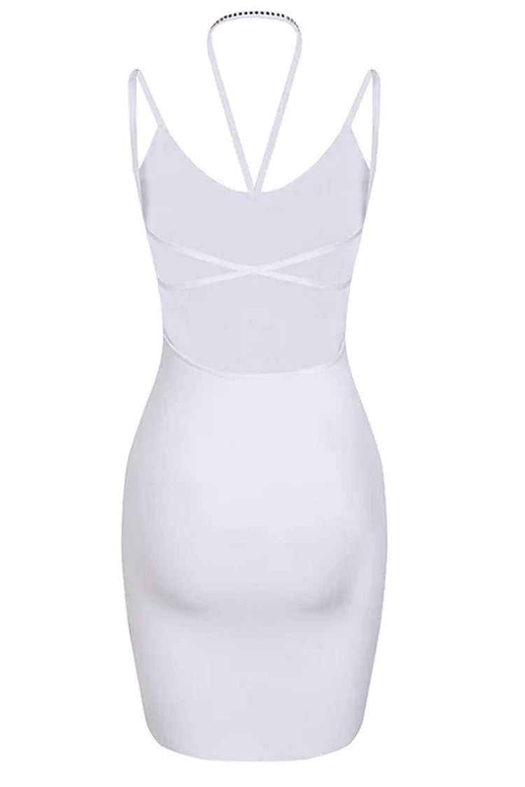White Spaghetti Strap Butterfly Sequin Applique Bodycon Mini Dress