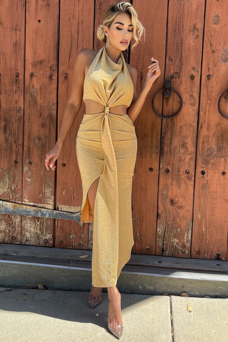 Champagne Halter Neck Cutout Twist Front Ruched High Slit Maxi Dress