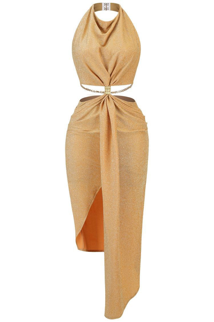 Champagne Halter Neck Cutout Twist Front Ruched High Slit Maxi Dress 4