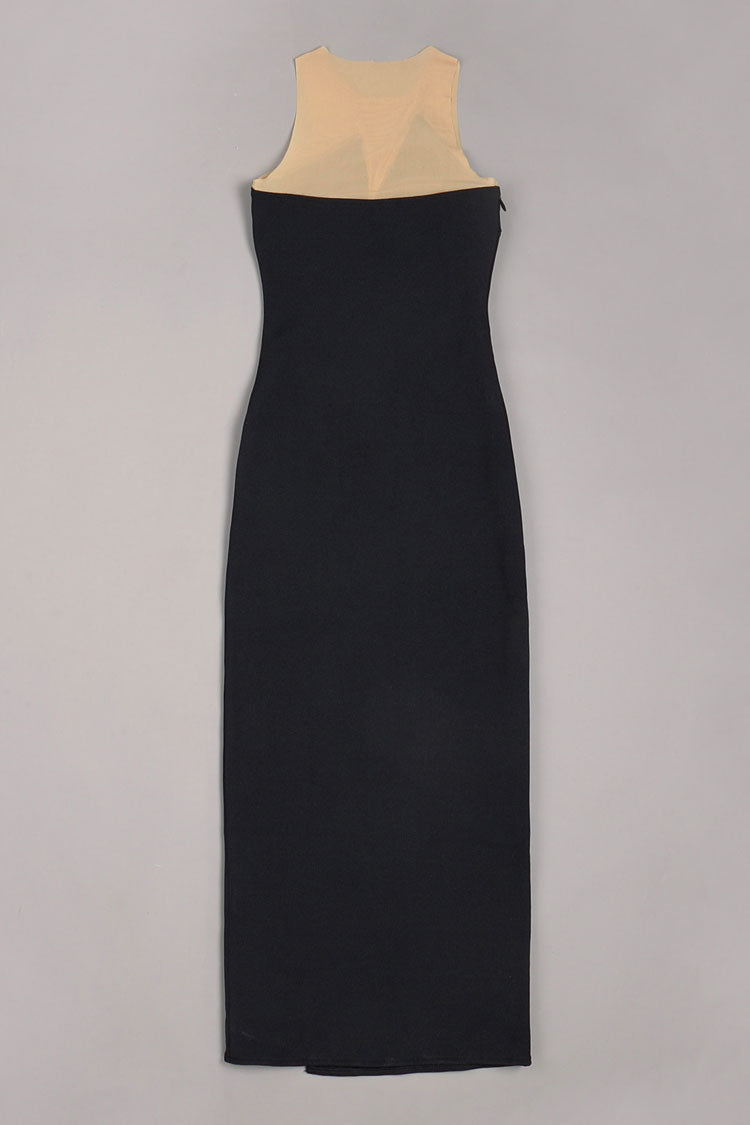 Black Strapless Plunge Rhinestone Applique High Slit Bandage Maxi Dress