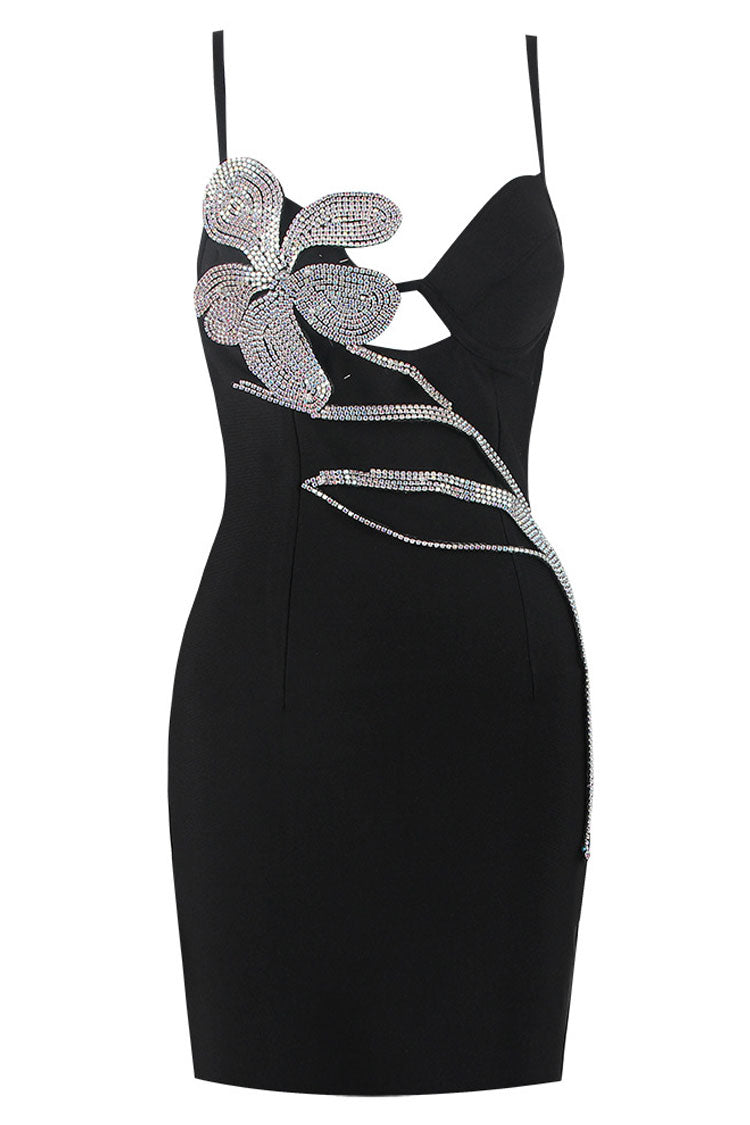 Black Spaghetti Strap Crystal Petal Embellished Bodycon Mini Dress