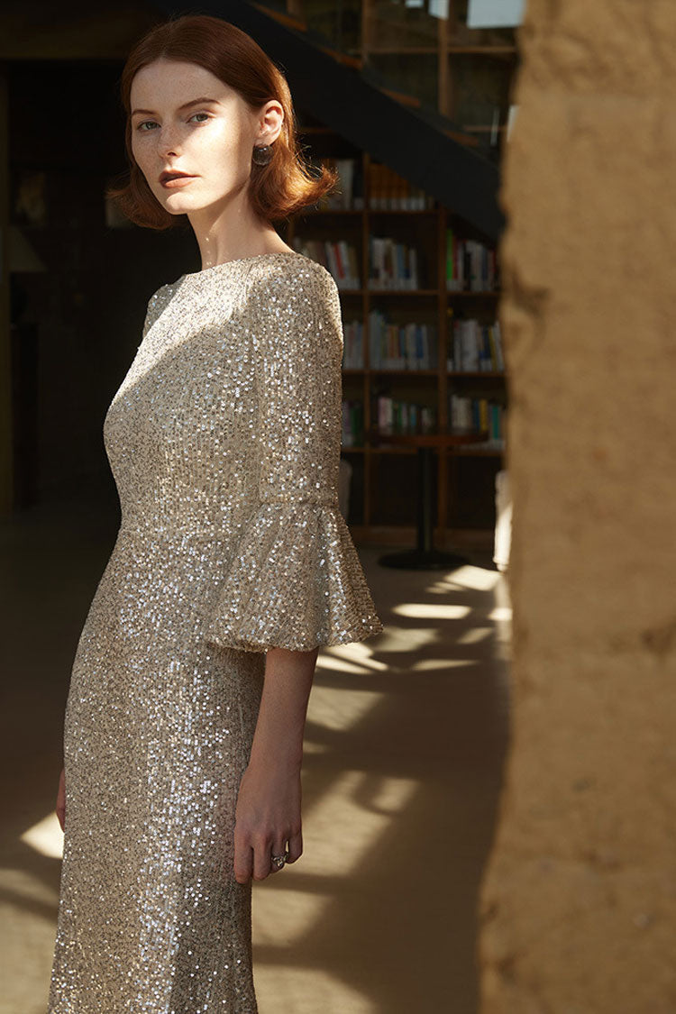 Champagne Boat Neck Bell Sleeve Sequin Fishtail Maxi Dress
