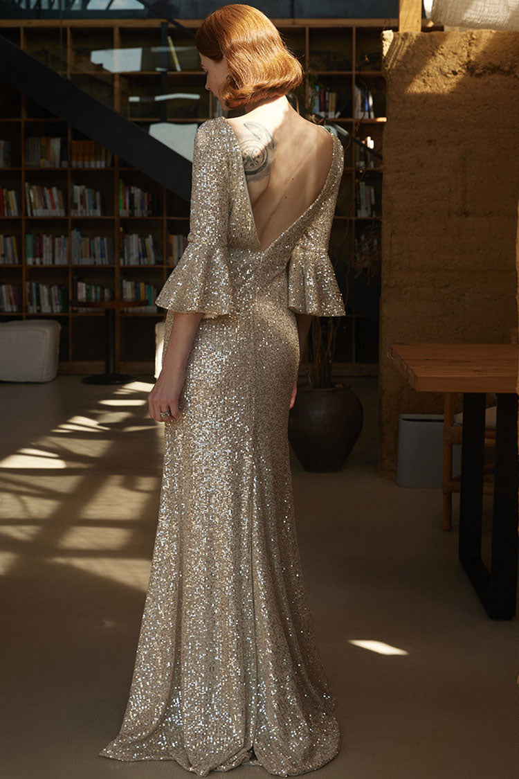 Champagne Boat Neck Bell Sleeve Sequin Fishtail Maxi Dress
