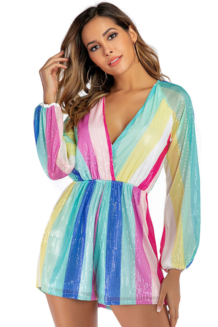 Multicolor Deep V Bishop Sleeve Striped Sequin Romper