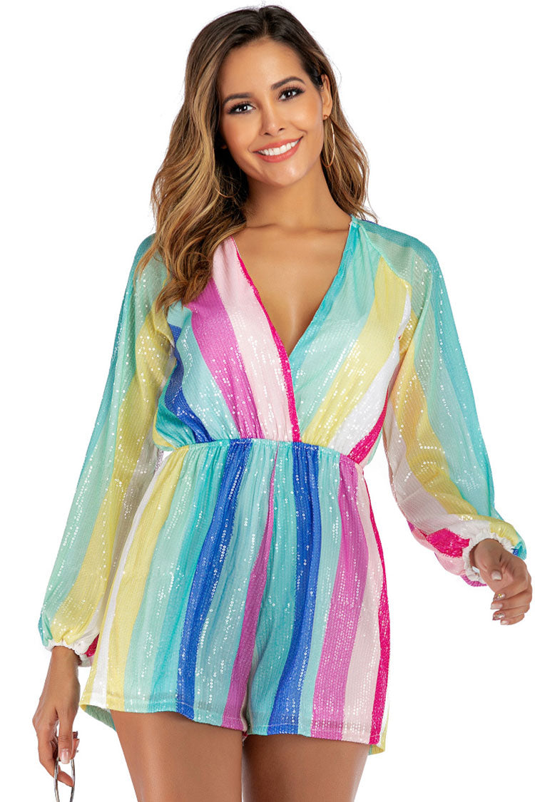 Multicolor Deep V Bishop Sleeve Striped Sequin Romper