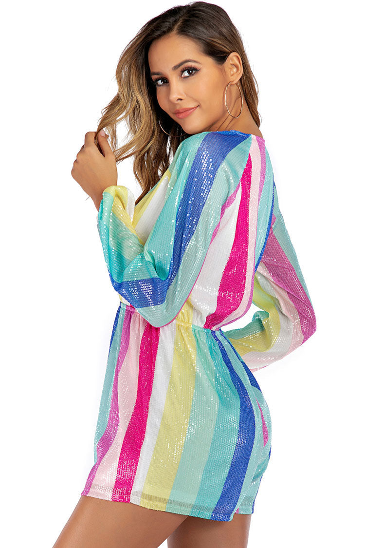 Multicolor Deep V Bishop Sleeve Striped Sequin Romper