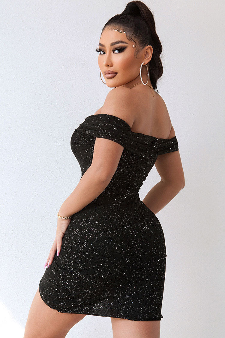 Black Off-Shoulder Sweetheart Glitter Ruched Wrap Bodycon Mini Dress 4