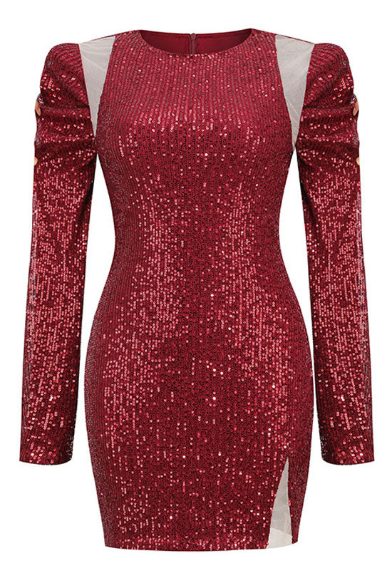 Burgundy Crew Neck Long Sleeve Mesh Panel Sequin Slit Bodycon Mini Dress