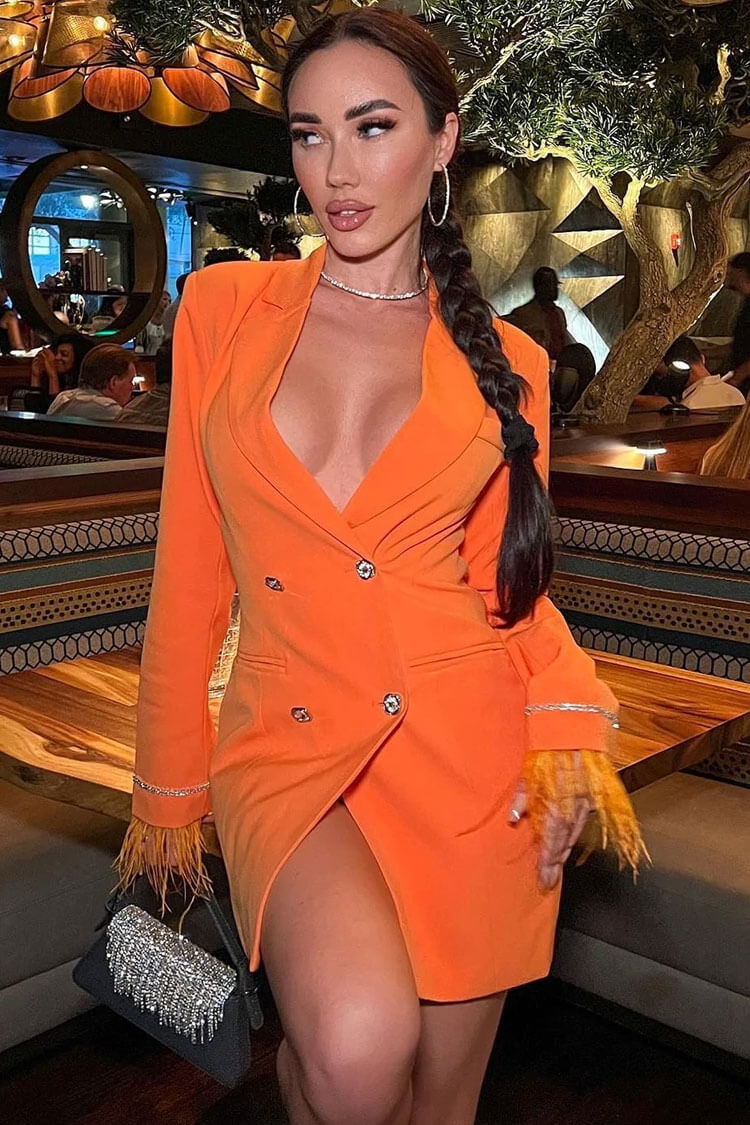 Orange Lapel Collar Long Sleeve Feather Trim Double Breasted Blazer Mini Dress