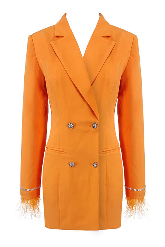 Orange Lapel Collar Long Sleeve Feather Trim Double Breasted Blazer Mini Dress