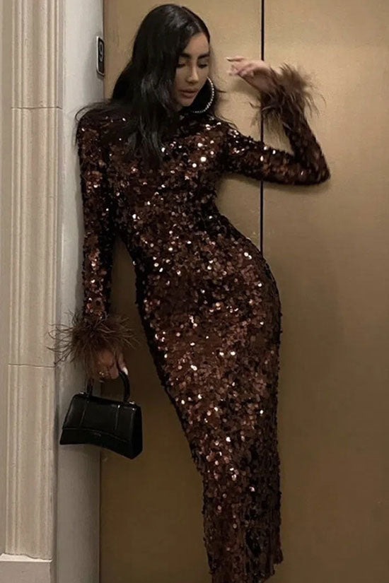 Chocolate High Neck Long Sleeve Feather Trim Sequin Bodycon Midi Dress