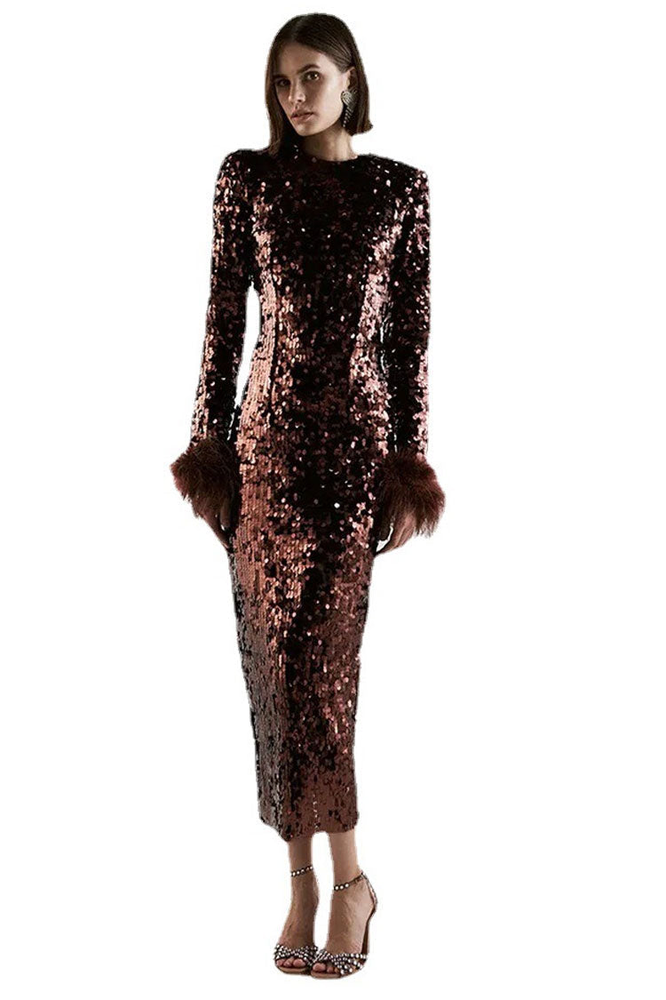 Chocolate High Neck Long Sleeve Feather Trim Sequin Bodycon Midi Dress