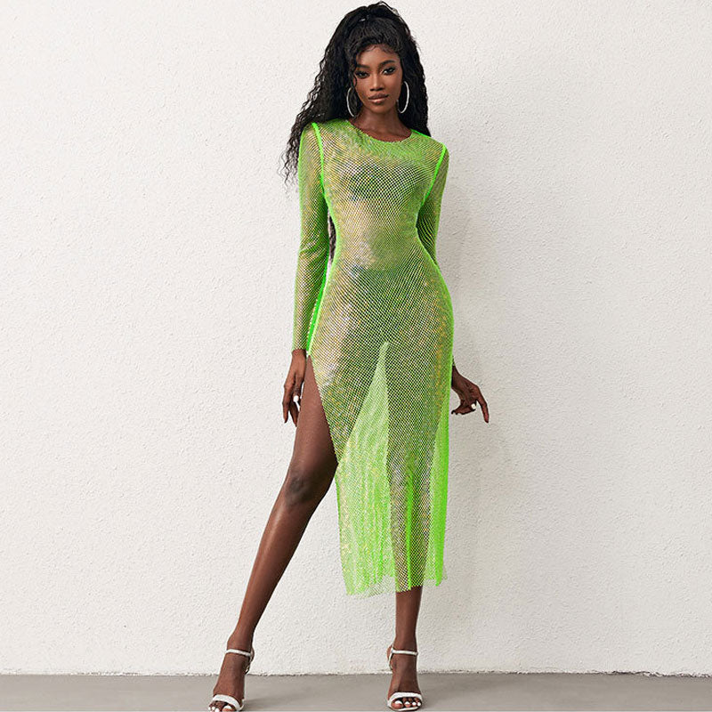 Crew Neck Fishnet Crystal Embellished Long Sleeve High Slit Midi Dress