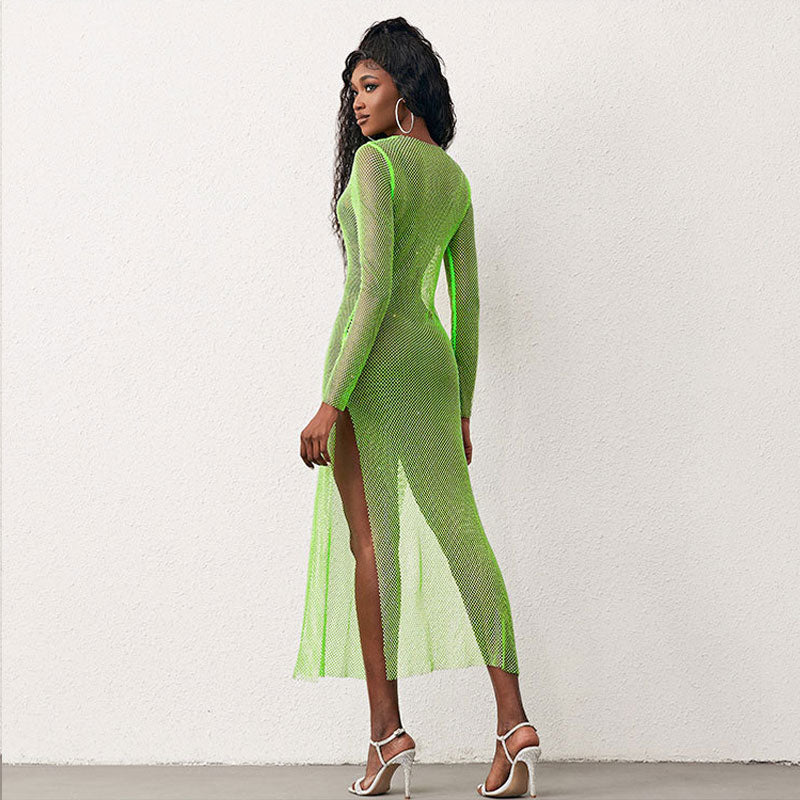 Crew Neck Fishnet Crystal Embellished Long Sleeve High Slit Midi Dress