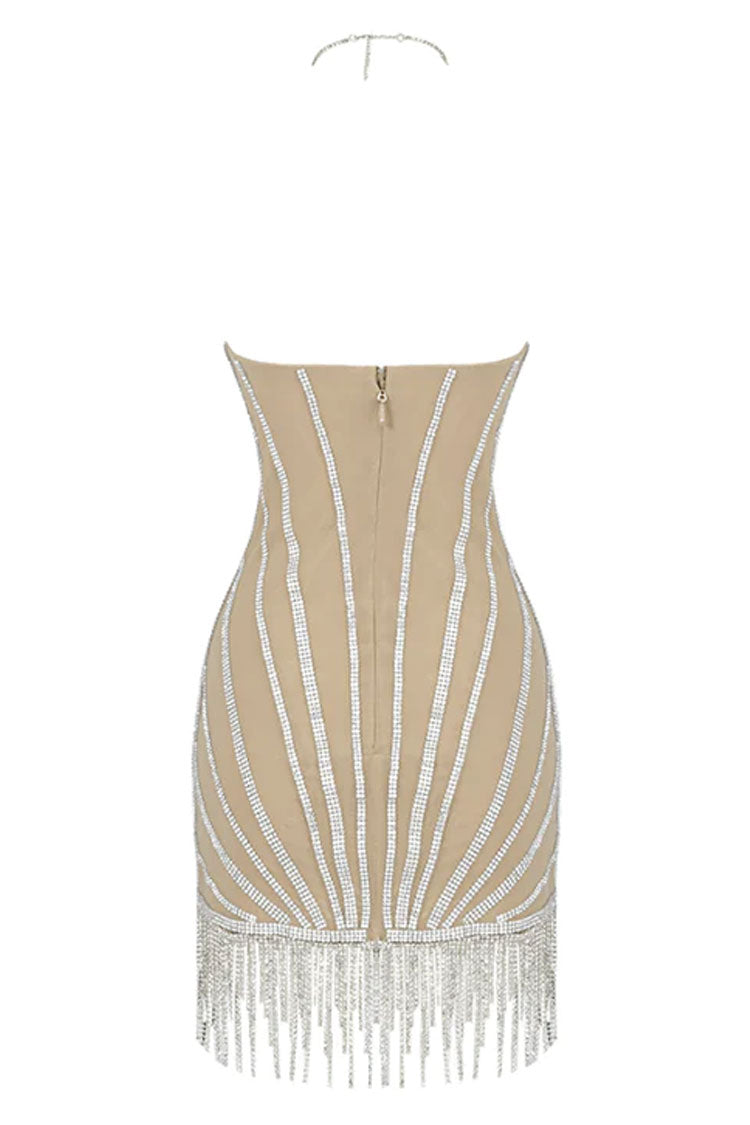 Silver Halter Rhinestone Embellished Fringe Trim Sheer Corset Mini Dress