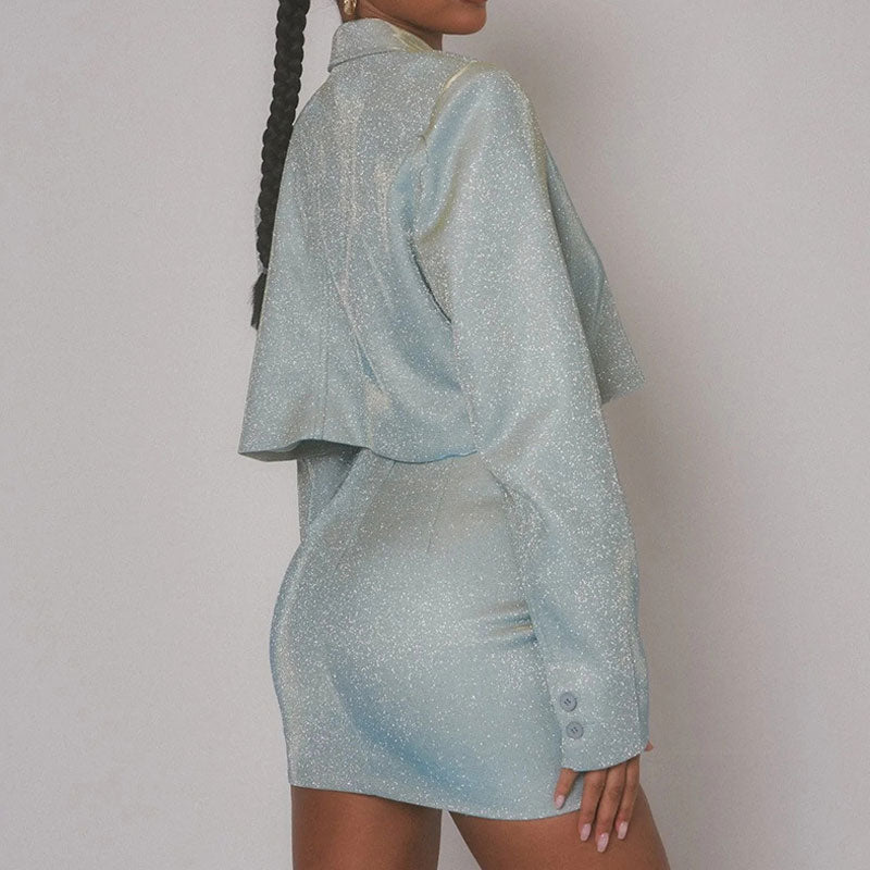Blue Lapel Collar Glitter Cropped Blazer Mini Skirt Matching Set