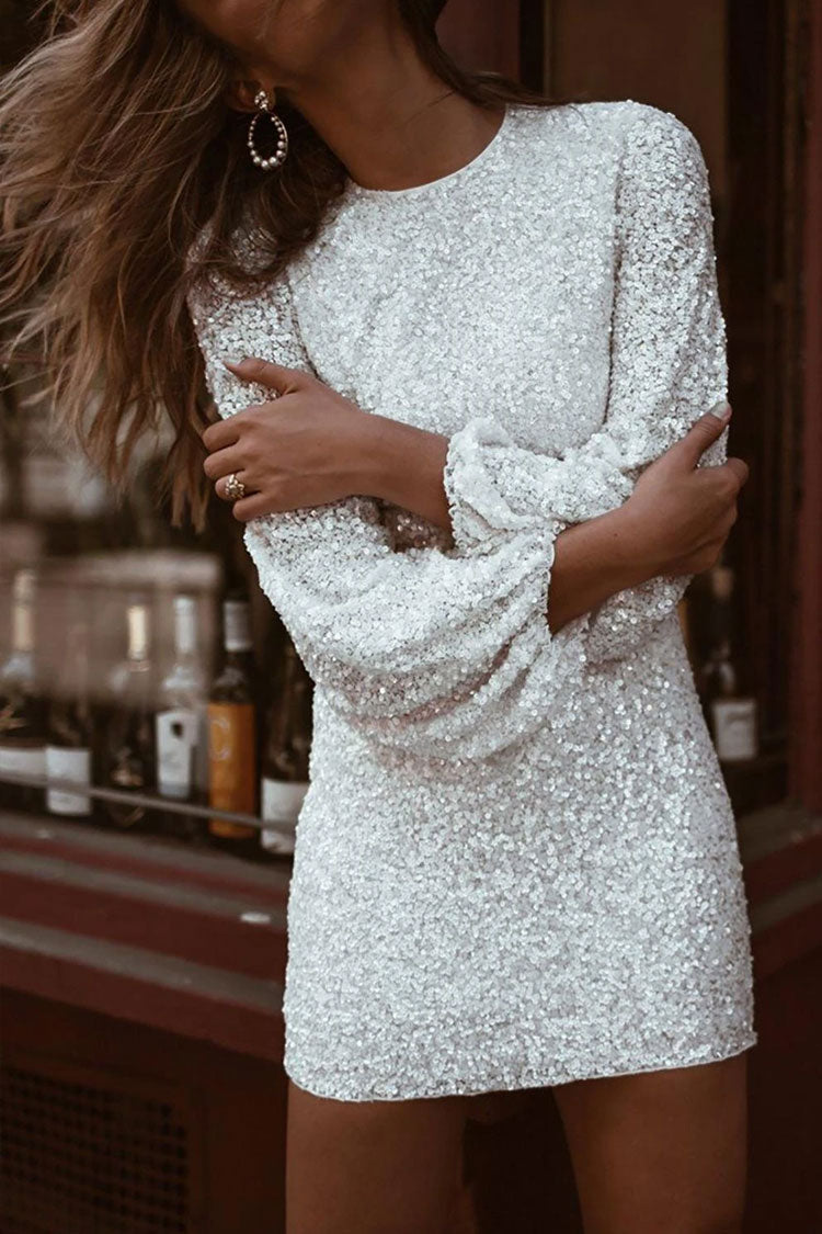 Round Neck Long Sleeve Sequin Bodycon Mini Dress