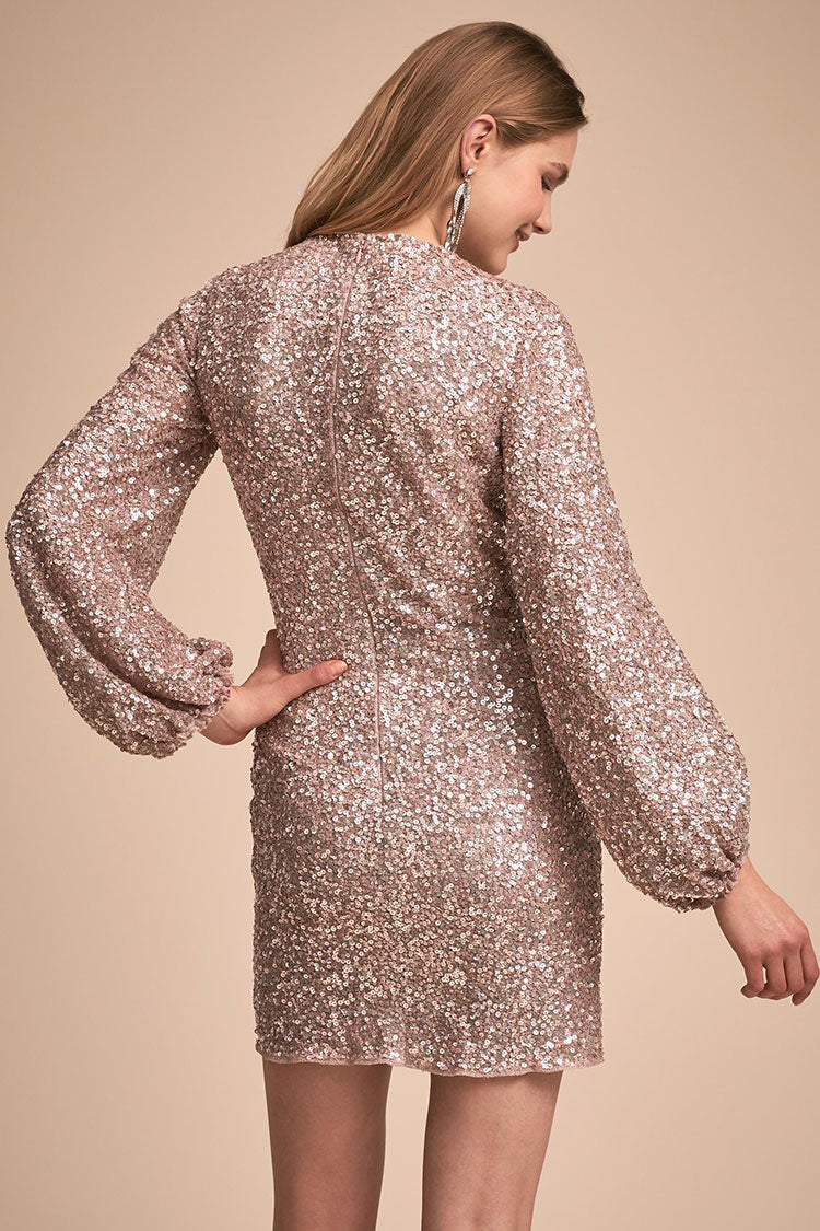 Round Neck Long Sleeve Sequin Bodycon Mini Dress