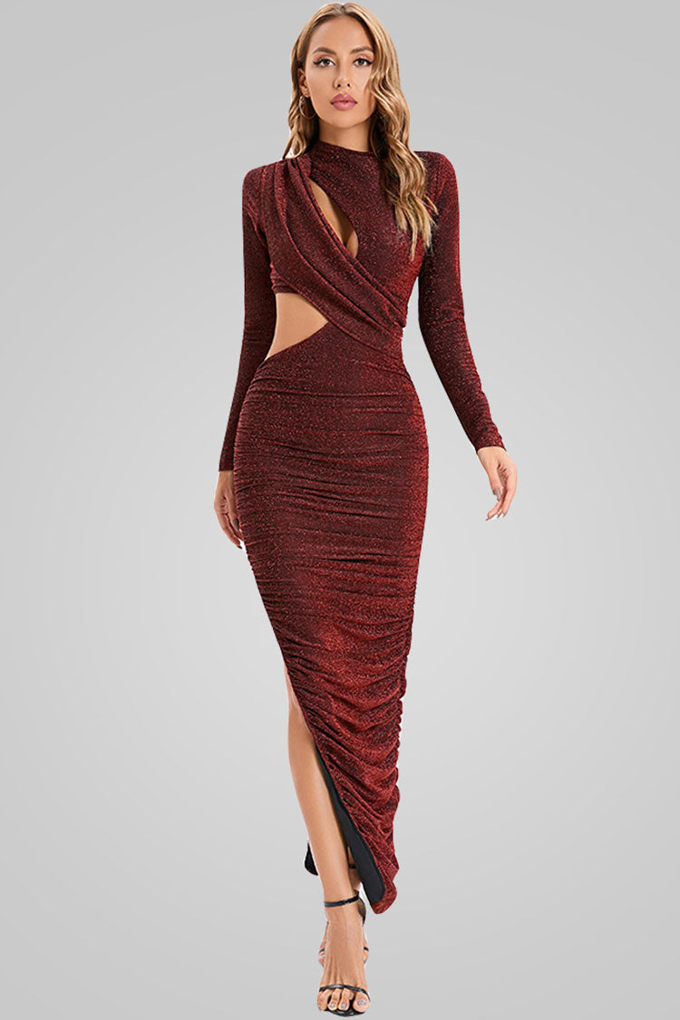 Burgundy Mock Neck Long Sleeve Ruched Cutout High Slit Bodycon Maxi Dress