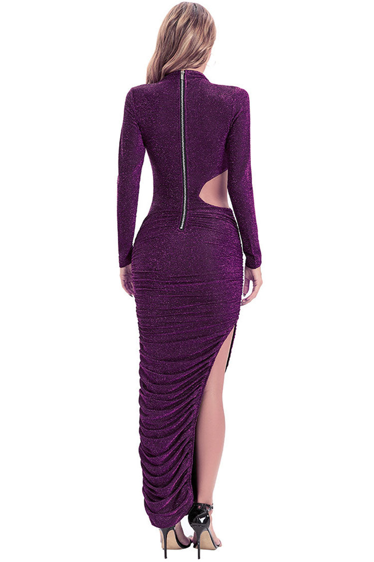 Purple Mock Neck Long Sleeve Glitter Ruched Cutout High Slit Maxi Dress