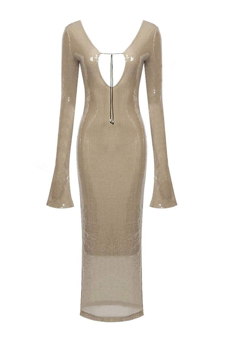 Nude Sequin Long Sleeve Backless Lace Up Bodycon Maxi Dress