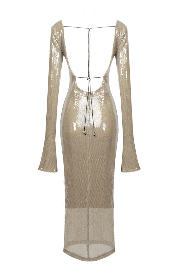Nude Sequin Long Sleeve Backless Lace Up Bodycon Maxi Dress