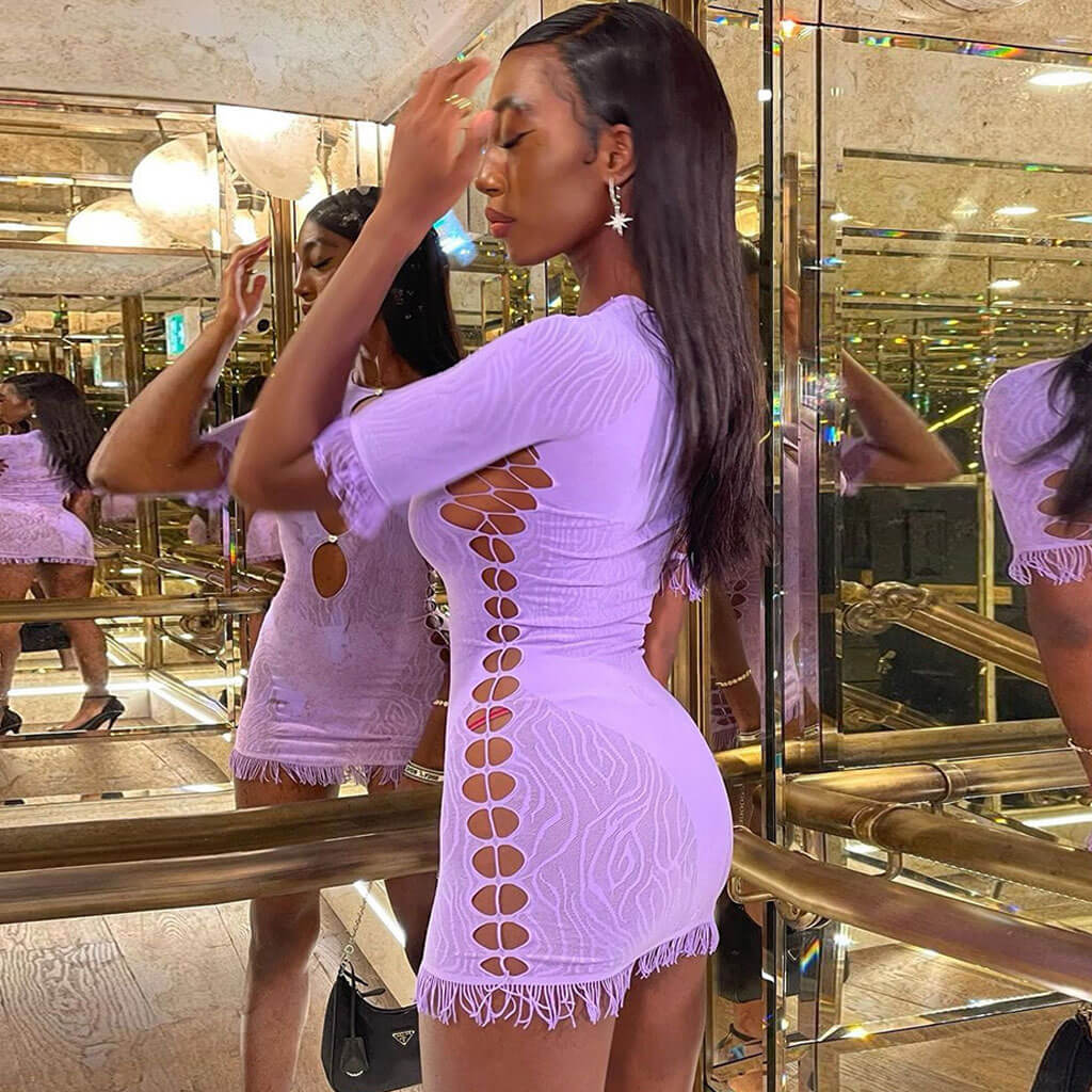 Purple Round Neck Short Sleeve Rhinestone Cutout Fringe Trim Bodycon Mini Dress