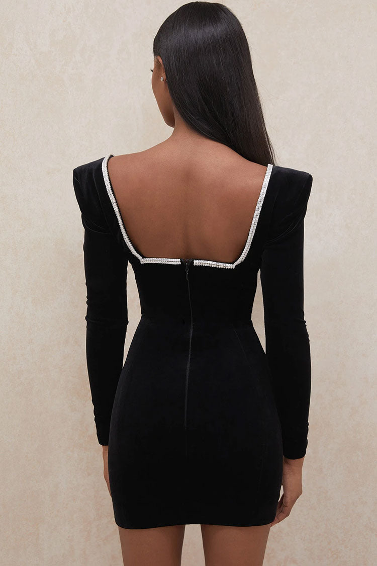 Black Rhinestone Trim Deep V-Neck Velvet Long Sleeve Bodycon Mini Dress 3