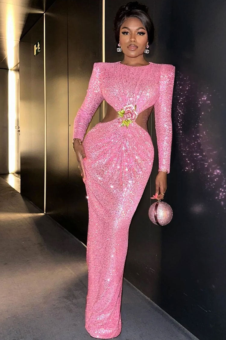 Pink Round Neck Long Sleeve Sequin Rose Applique Cutout Bodycon Maxi Gown