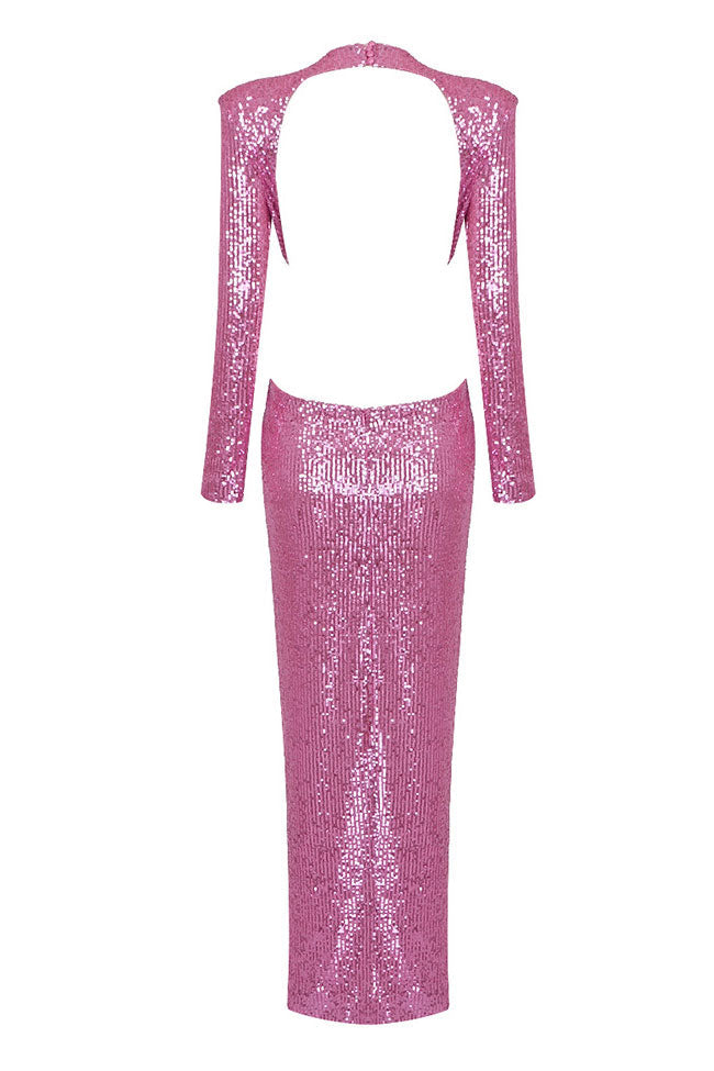 Pink Round Neck Long Sleeve Sequin Rose Applique Cutout Bodycon Maxi Gown