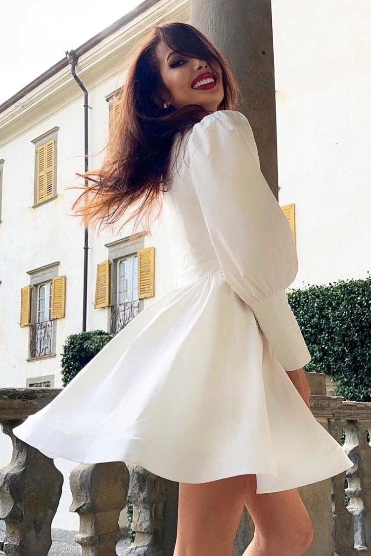 Sparkly Rhinestone Fringe High Neck Fit & Flare Long Sleeve Mini Party Dress - White