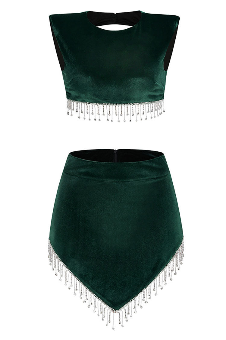 Emerald Green Sleeveless Rhinestone Fringe Velvet Two Piece Mini Set