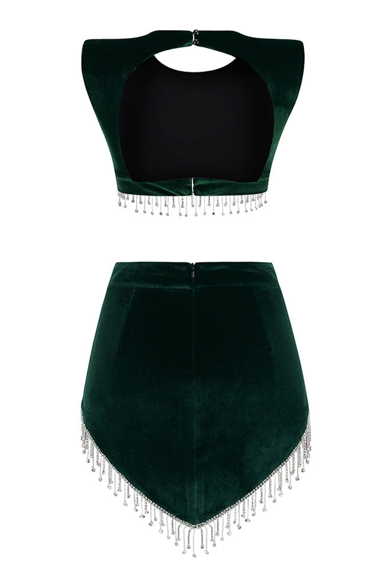 Emerald Green Sleeveless Rhinestone Fringe Velvet Two Piece Mini Set