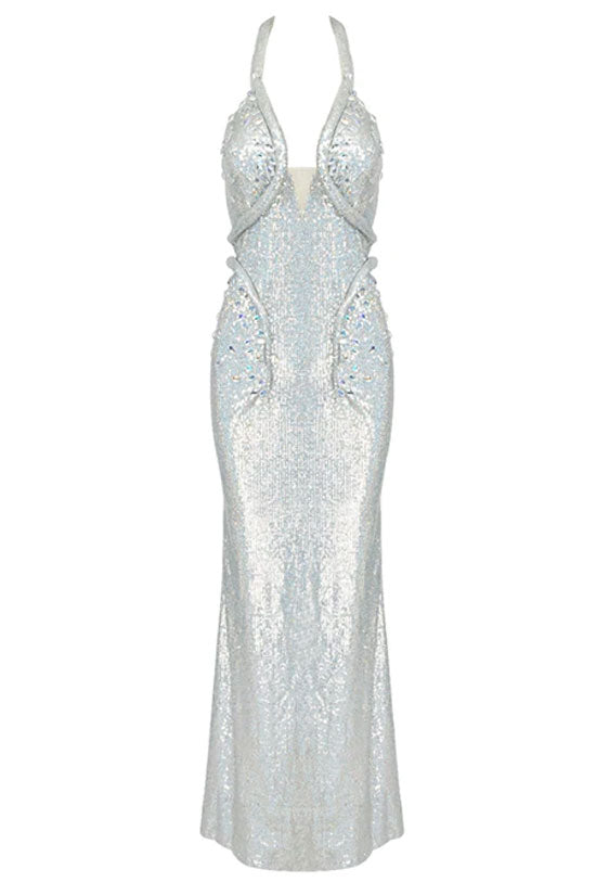 Silver Halter Neck Plunge Rhinestone Embellished Metallic Mermaid Gown