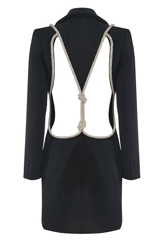 Black Lapel Collar Long Sleeve Rhinestone Rope Backless Blazer Mini Dress