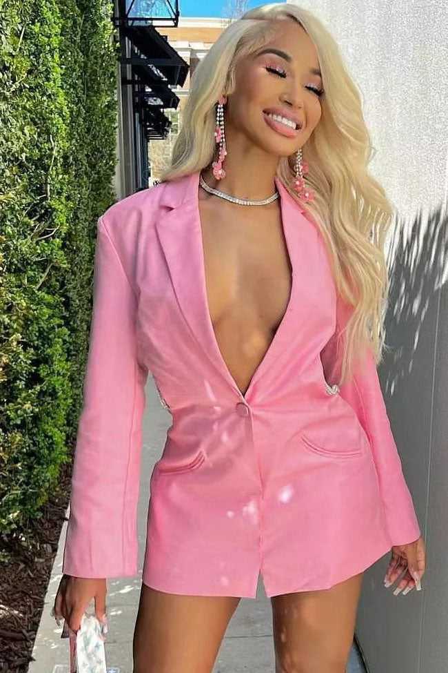 Pink Lapel Collar Plunge Rhinestone Cutout Long Sleeve Blazer Mini Dress