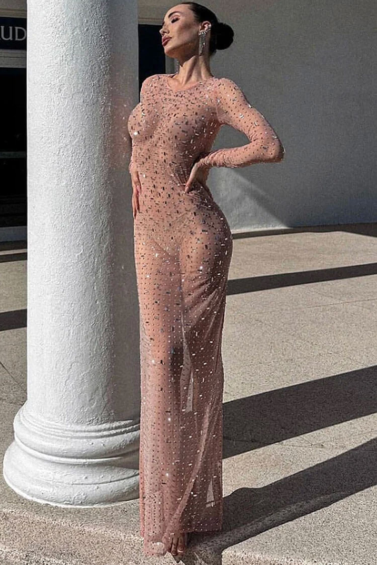 Pink Round Neck Long Sleeve Rhinestone Sheer Mesh Bodycon Maxi Dress