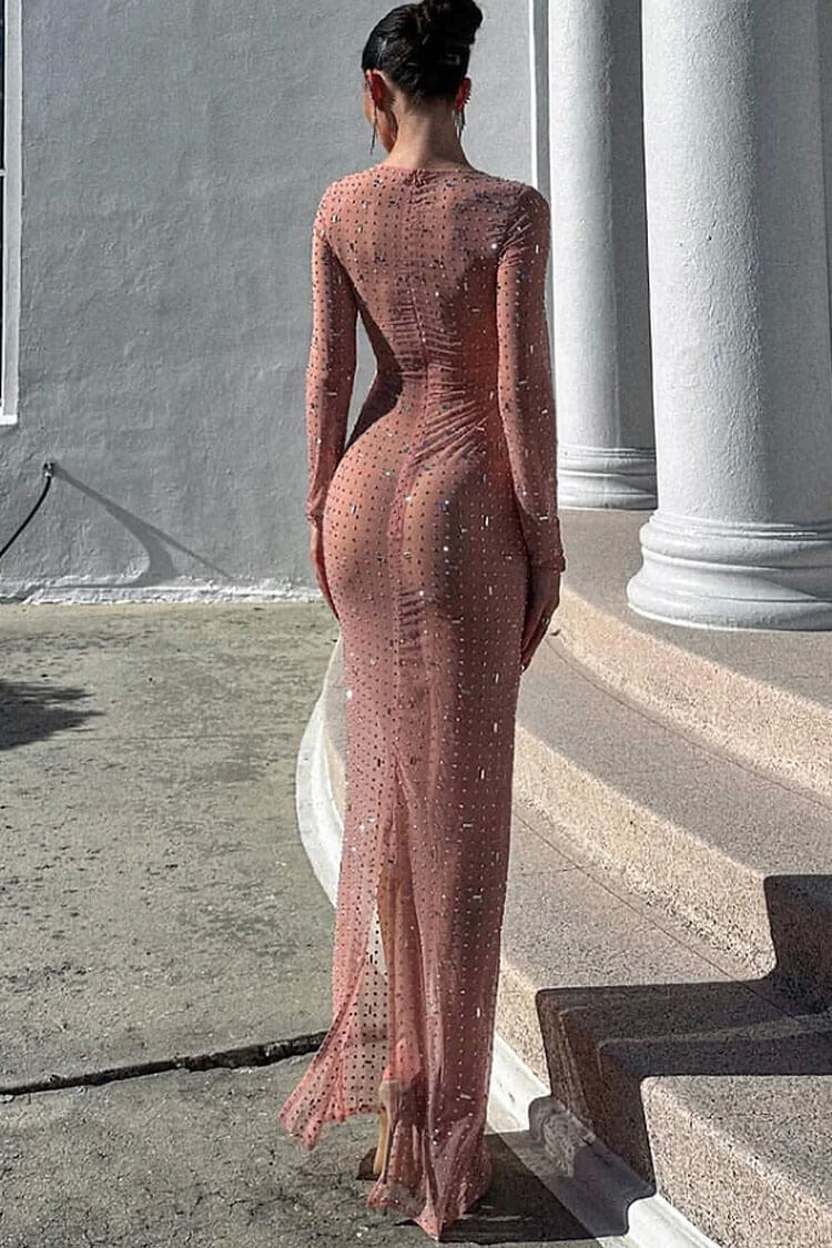Pink Round Neck Long Sleeve Rhinestone Sheer Mesh Bodycon Maxi Dress