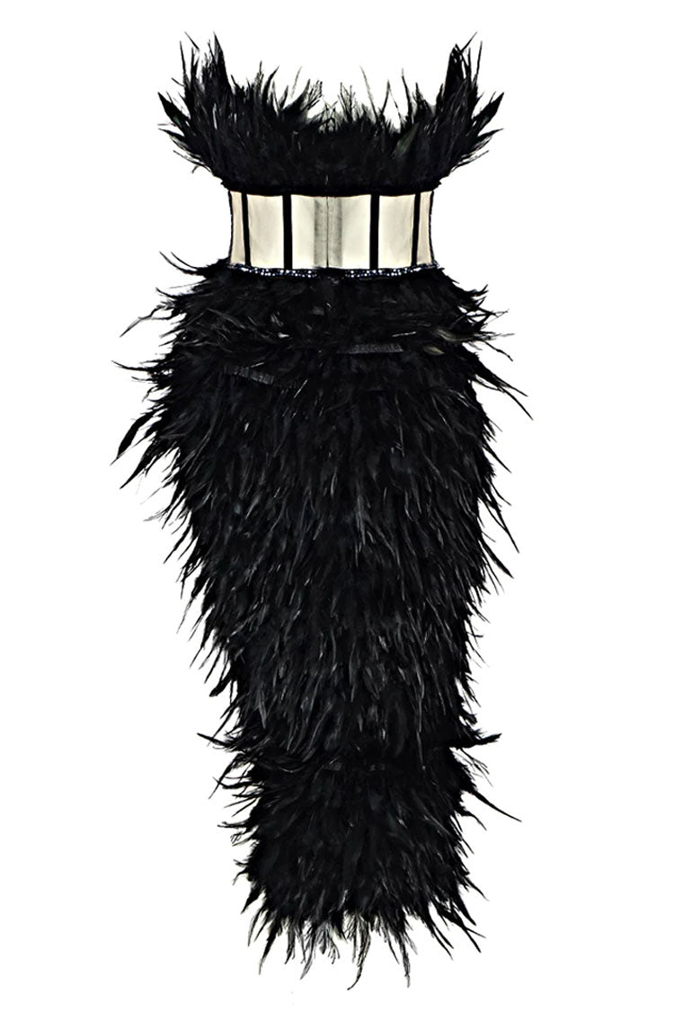 Black Strapless Feather Trim Boned Corset Bodycon Mini Dress