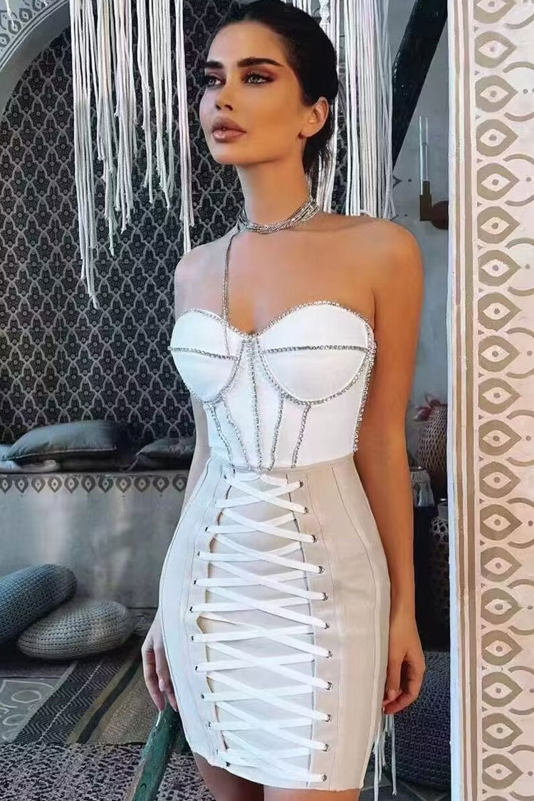 White Strapless Sweetheart Rhinestone Corset Lace-Up Bandage Bodycon Mini Dress