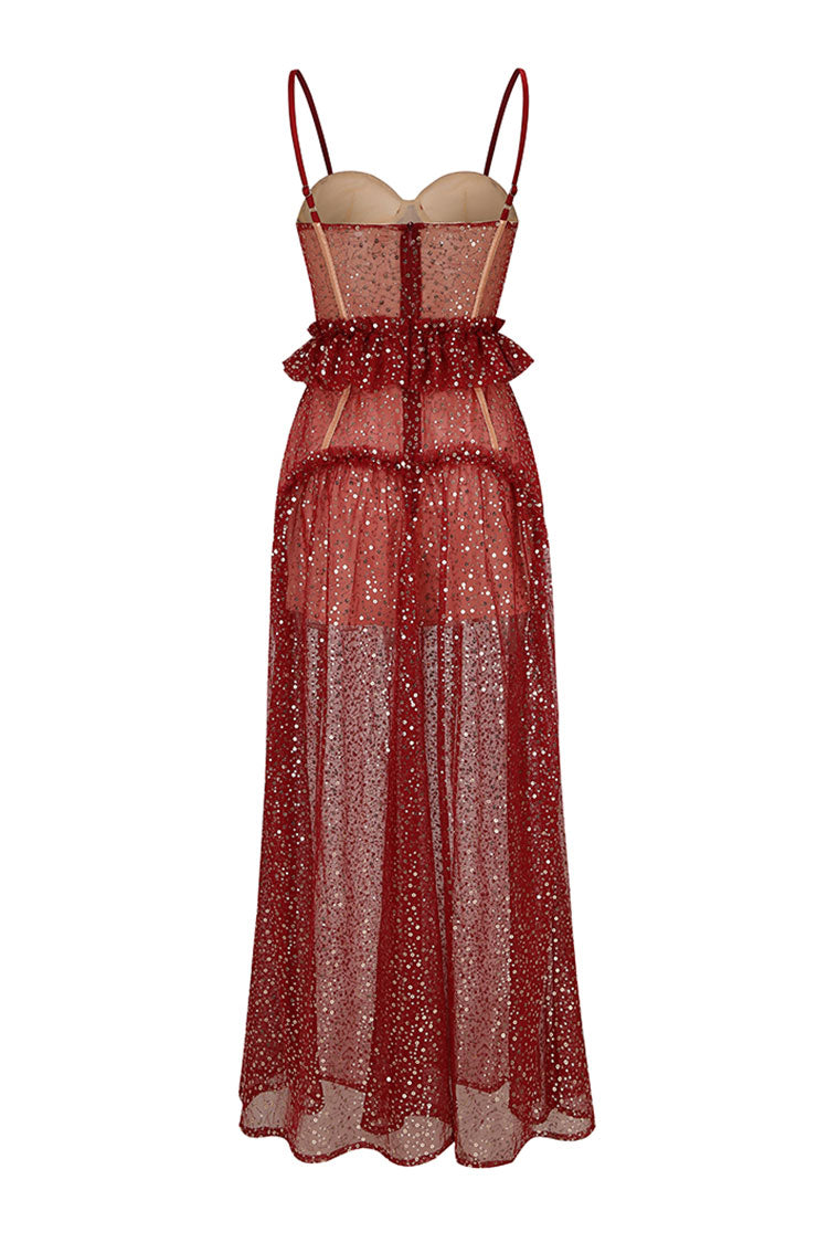 Red Spaghetti Strap Sweetheart Corset Sequin Tulle Sheer Maxi Dress