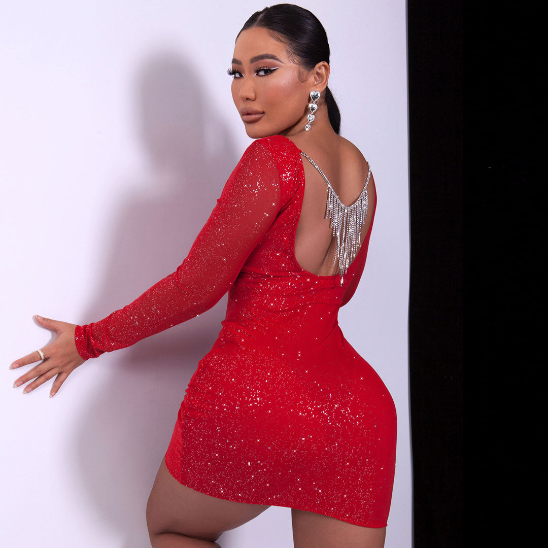 Red Rhinestone Fringe Glitter Long Sleeve Open Back Bodycon Mini Dress