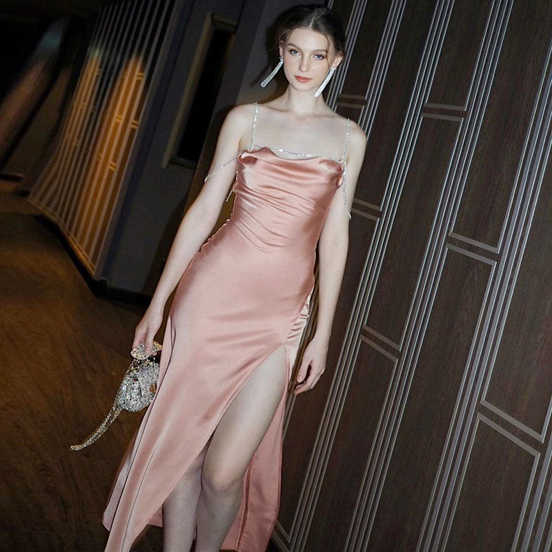Pink Rhinestone Strap Satin Cowl Neck High Slit Maxi Dress