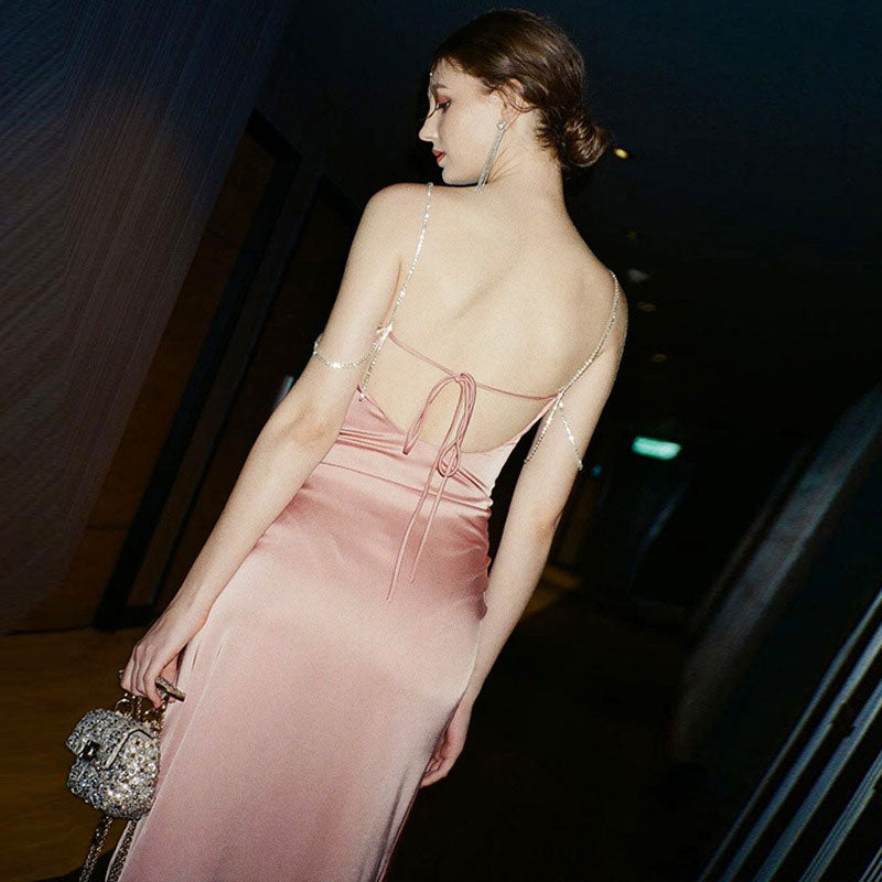 Pink Rhinestone Strap Satin Cowl Neck High Slit Maxi Dress