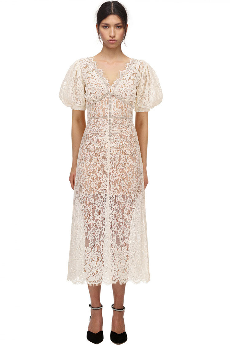 Cream V-Neck Puff Sleeve Floral Lace Sheer Button Front Midi Dress