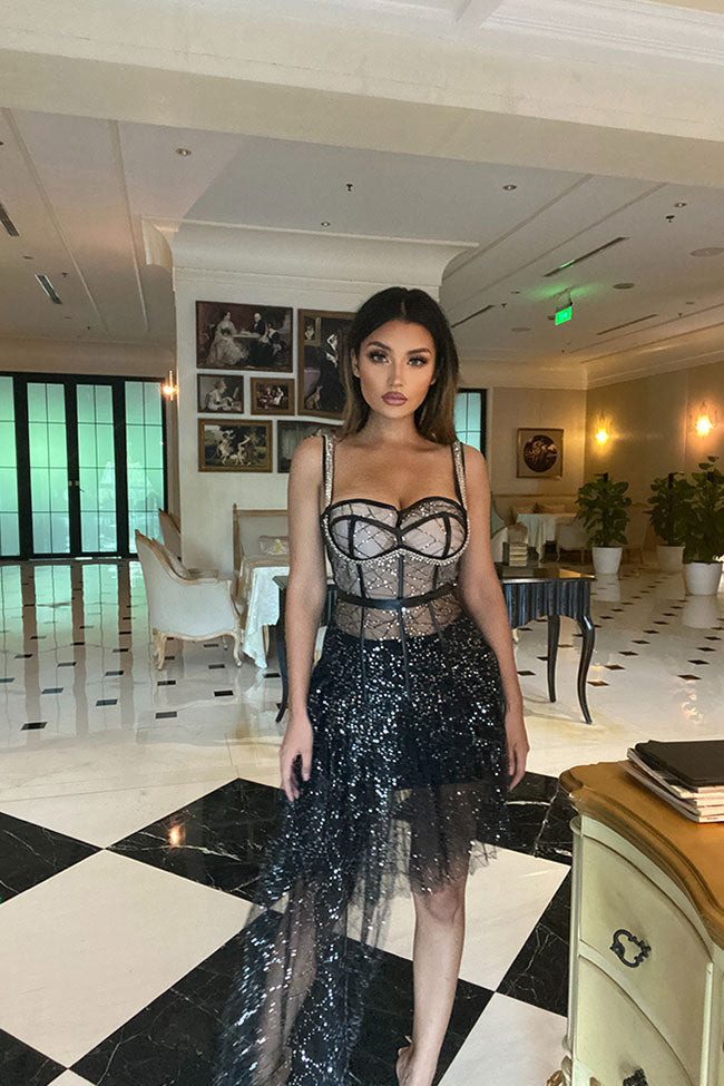 Black Spaghetti Strap Rhinestone Sheer Corset Sequin Tulle Midi Dress