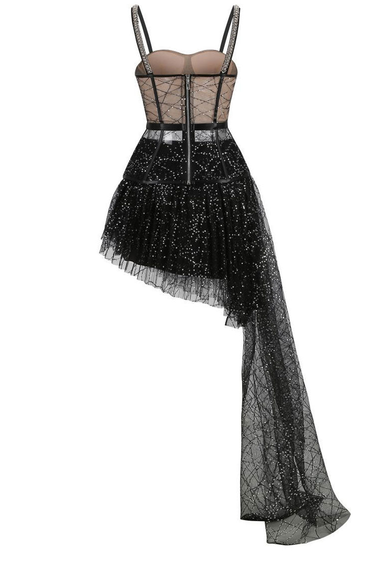 Black Spaghetti Strap Rhinestone Sheer Corset Sequin Tulle Midi Dress