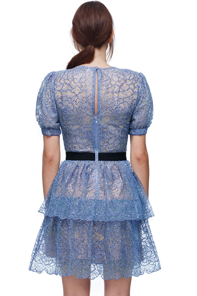 Blue Round Neck Puff Sleeve Sheer Lace Sequin Tiered Ruffle Mini Dress