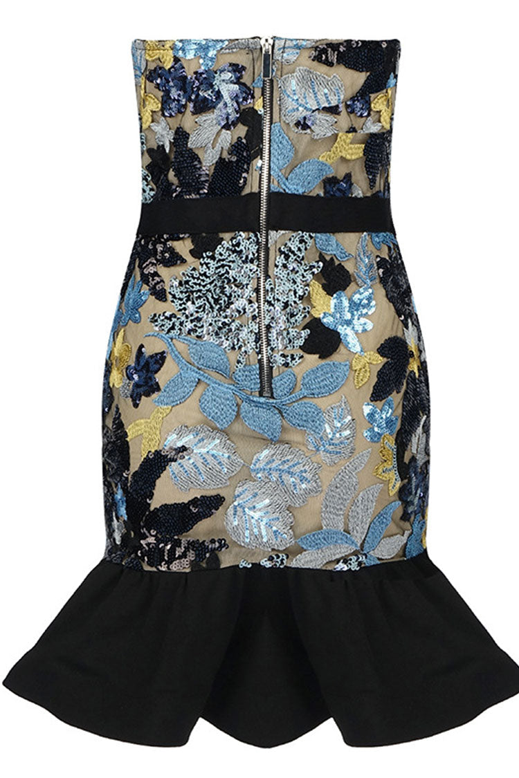 Sky Blue Strapless Floral Sequin Embroidered Sheer Ruffle Hem Bodycon Mini Dress
