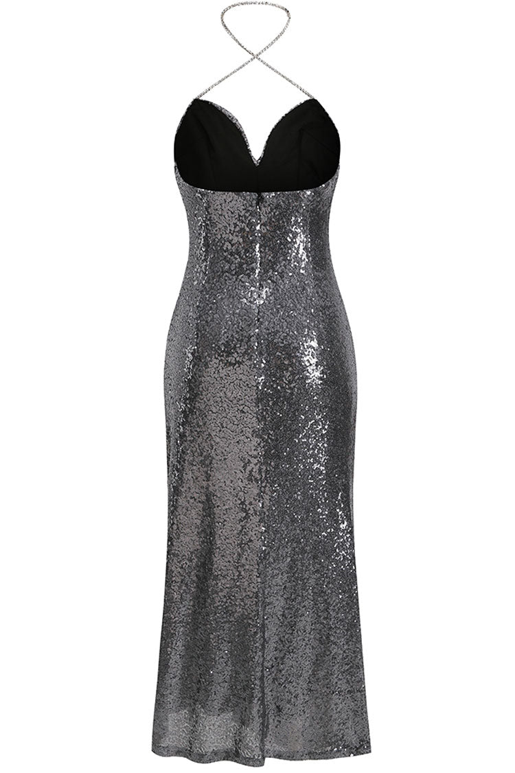 Silver V-Neck Spaghetti Strap Sequin Ruched High Slit Maxi Dress